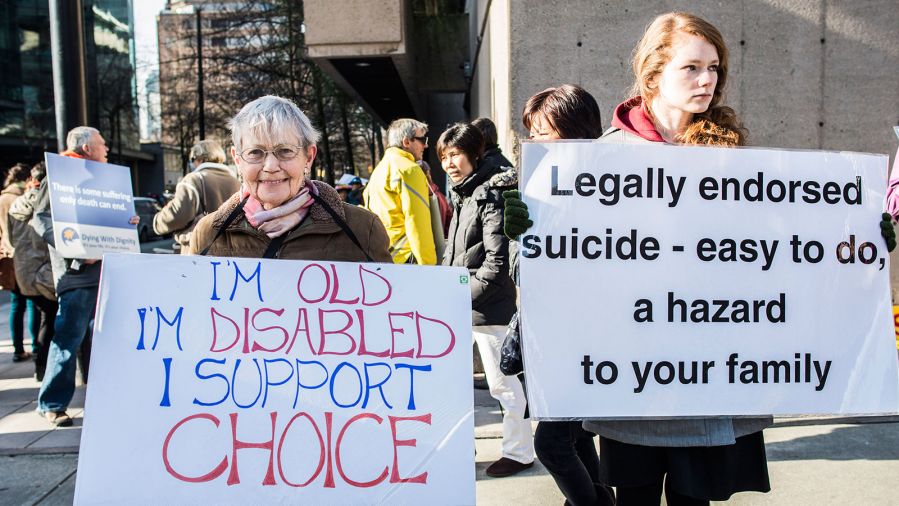Pro-assisted suicide supporters and anti-assisted suicide supporters face off.