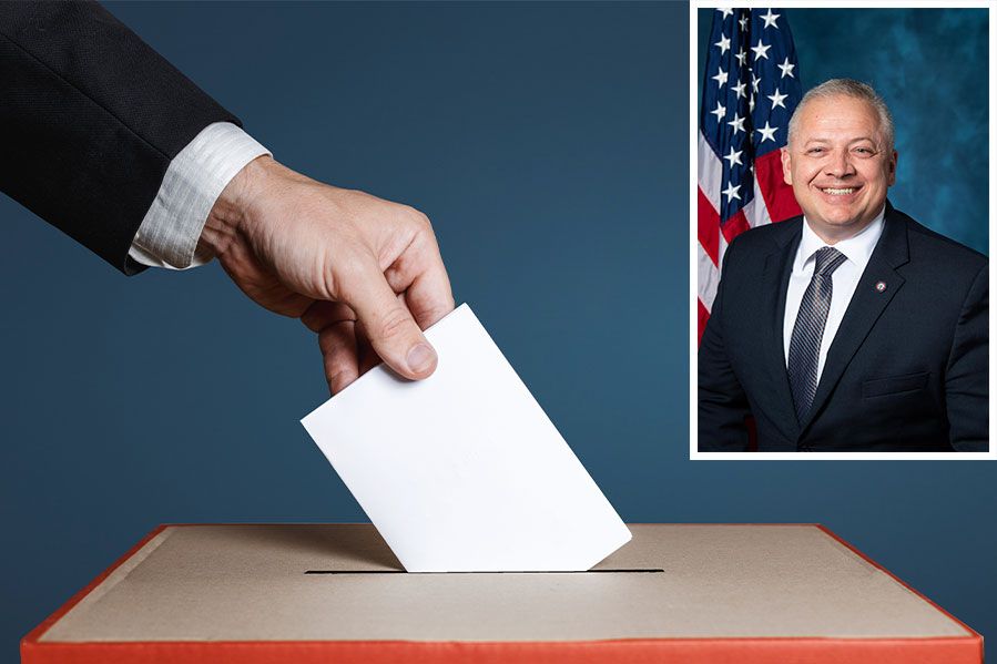 Depiction of voting with image of Denver Riggleman inset