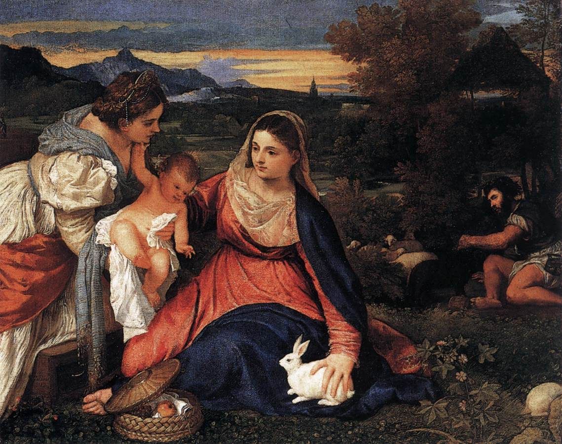 A Virgin Mary painting with a rabbit