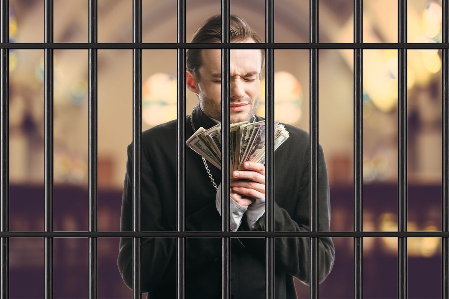 greedy pastor holding cash behind bars