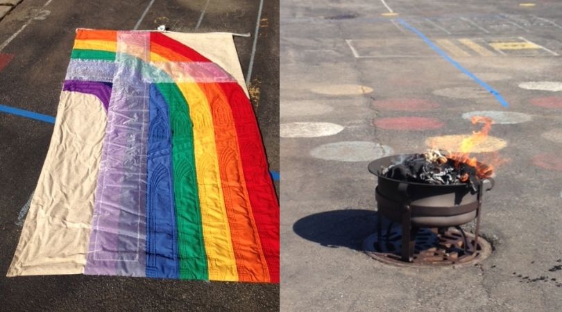 Rainbow flag being burned by a Catholic church