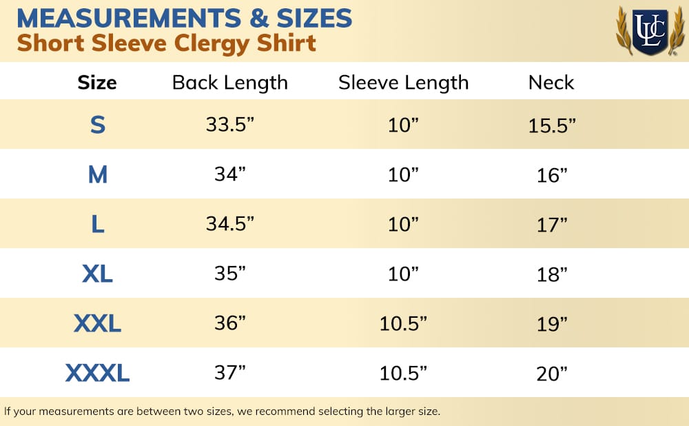 Size Chart for Short Sleeve Clergy Shirt