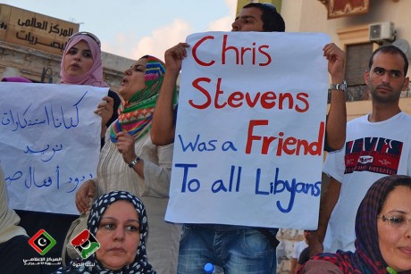 Libyan Holding Sign that says Chris Stevens, Friend to Libyans