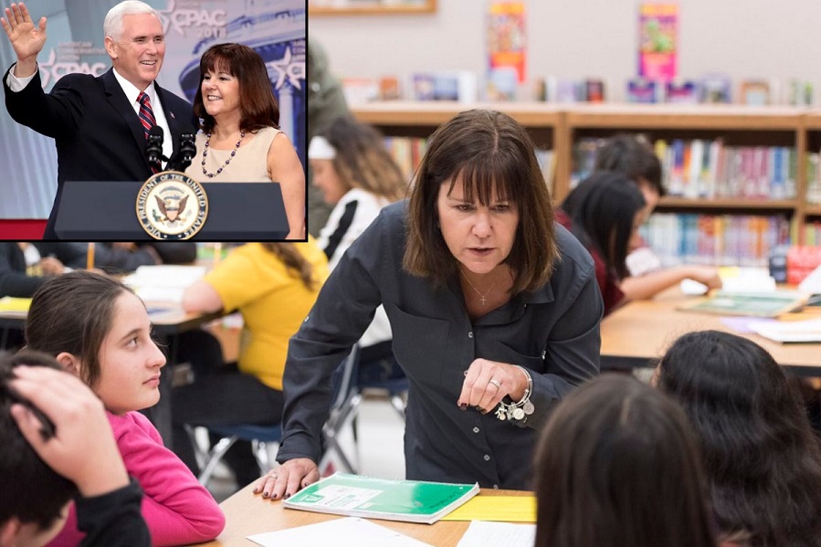 Karen Pence, second lady and wife to Mike Pence, teaching in a classroom.