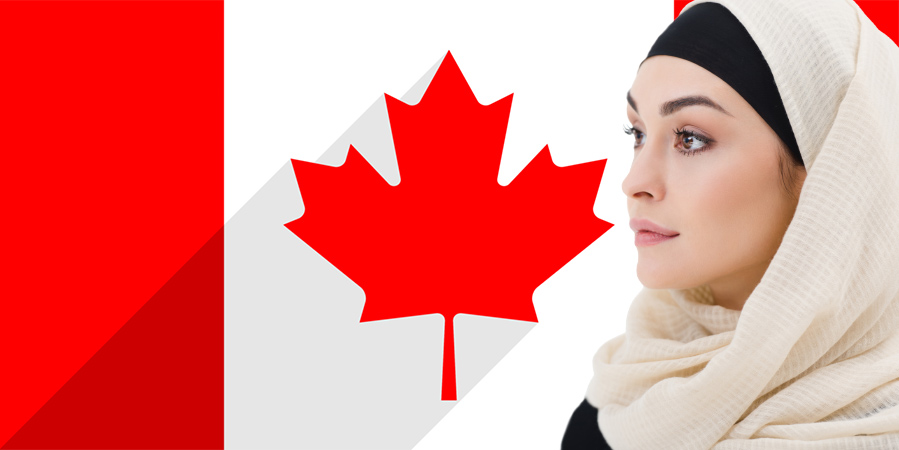 A Muslim Woman in hijab in front of Canadian flag