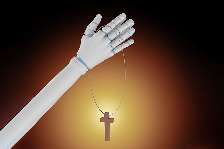 robotic hands holding a catholic cross