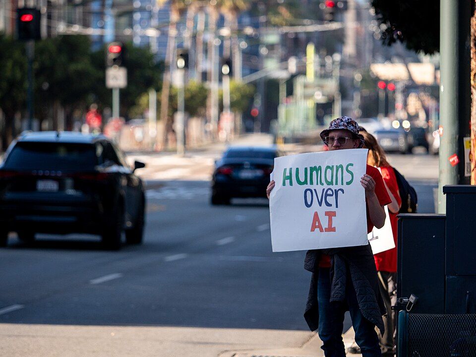 Protester holding a handwritten Humans over AI sign during a demonstration outside OpenAI's San Francisco offices.