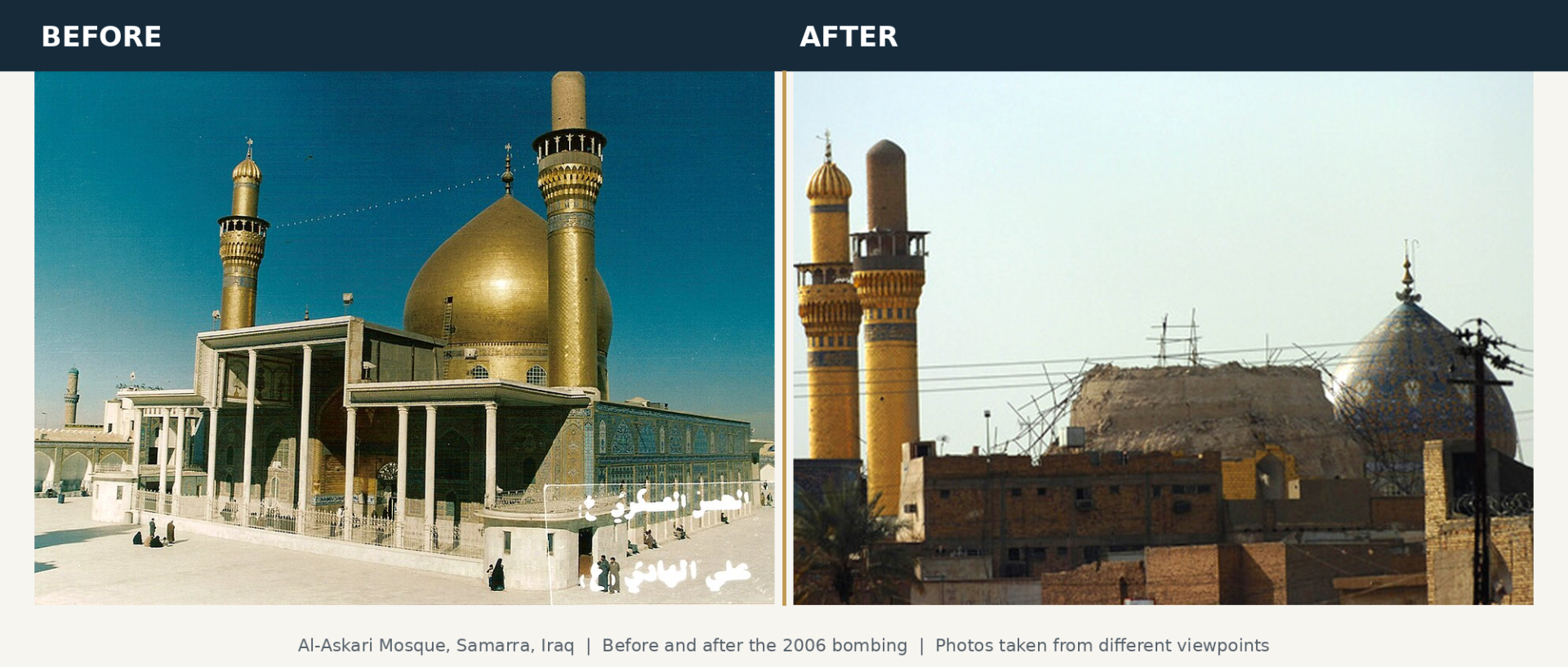 The al-Askari Mosque in Samarra, Iraq, before and after a February 2006 bombing widely attributed to al-Qaeda in Iraq. The attack on one of Shiite Islam's holiest shrines helped ignite widespread sectarian violence. (Photos: Toushiro (left) / U.S. Army (right), via Wikimedia Commons)
