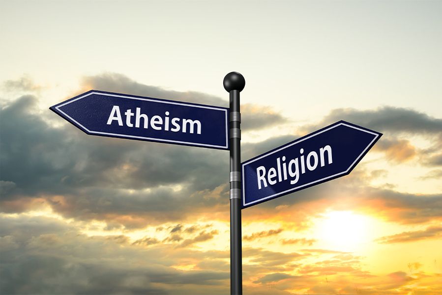 atheism and religion road signs, indicating fork in the road