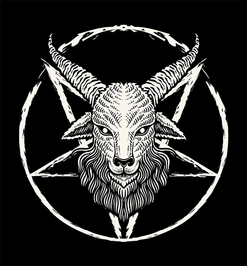 A black and white illustration of the head of Baphomet