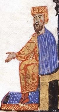 A painting of Emperor Basil I seated on a throne, wearing an orange crown and blue cape.