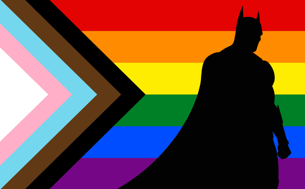 A sihouette of Batman in front of the Progress Pride flag