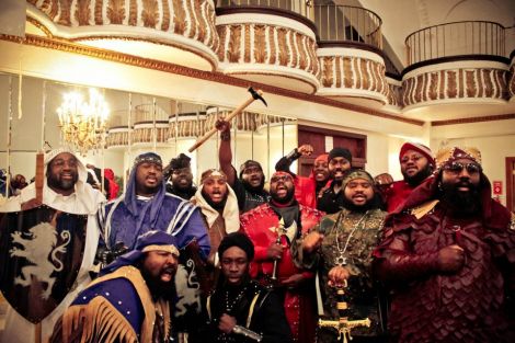Black Israelites dressed up in colorful attire