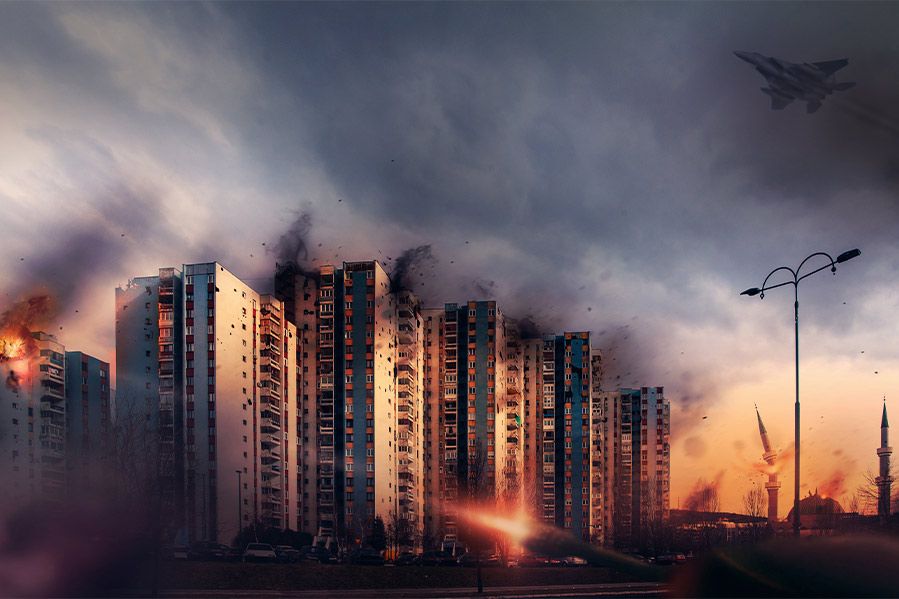 Buildings on fire, depiction of modern civil war