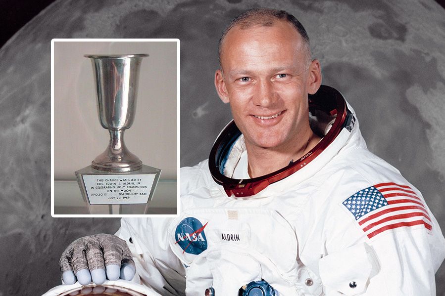 buzz aldrin nasa portrait with chalice he took to the moon inlaid
