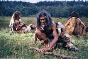 stone age neanderthals in wooded forest