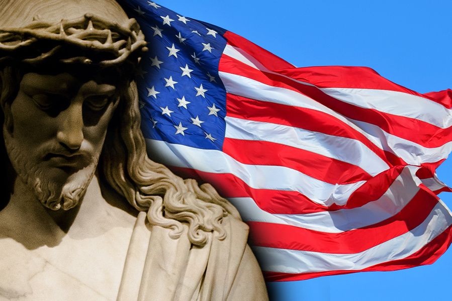 statue of jesus in front of american flag
