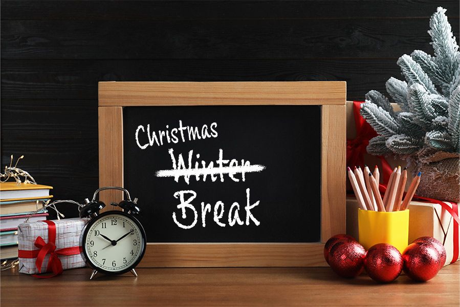christmas break classroom sign with the word 'winter' crossed out