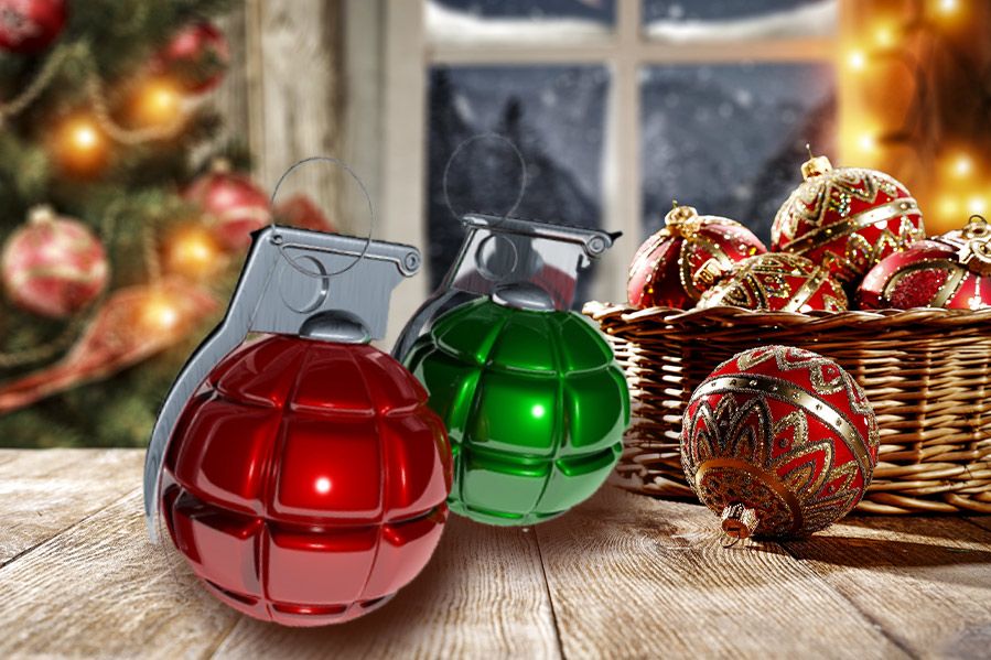 Grenades shaped like christmas ornaments
