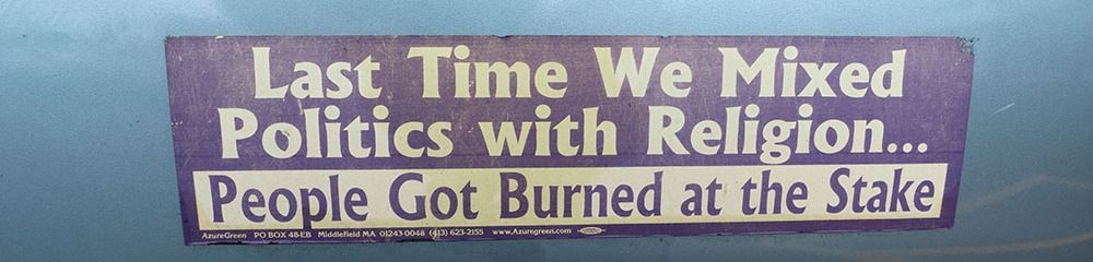 A blue bumper sticker reading