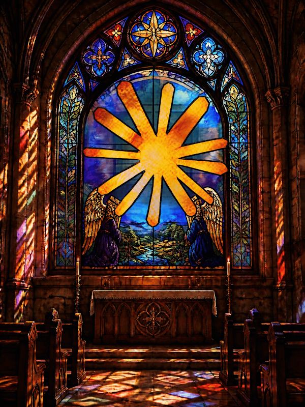 The Claude logo rendered as part of a stained glass window in a darkened church.