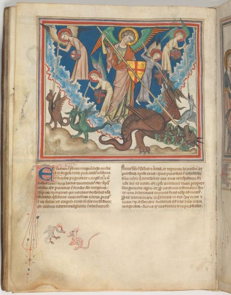 A copy of a medieval manuscript page displaying an illustration of the end of days alongside text from Revelation.