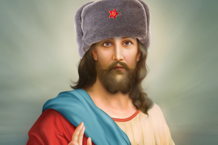 Jesus in Russian hat with communist symbol
