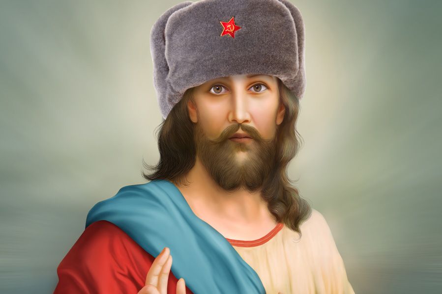 Jesus in Russian hat with communist symbol