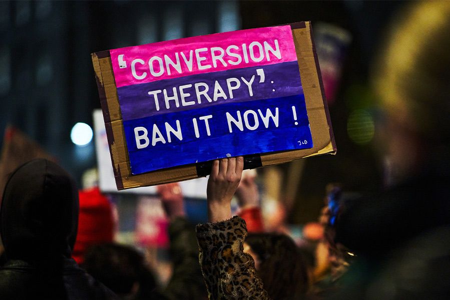 protest sign advocating banning conversion therapy