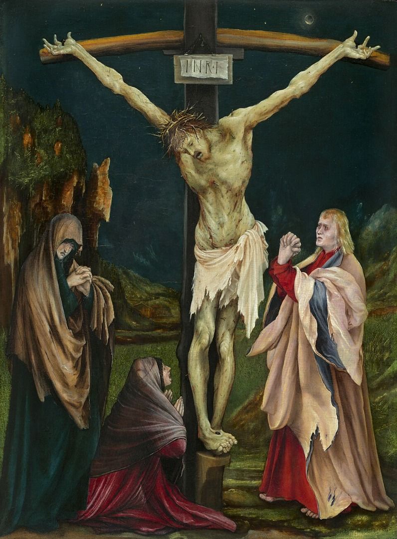 Matthias Grunewald's painting The Small Crucifixion depicts Jesus hanging from a wooden cross, his emaciated body covered in bloody wounds and his hands and feet contorted in agony.