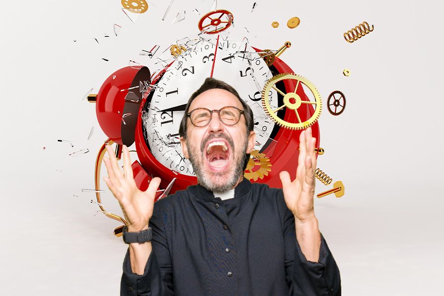 christian preacher shouting in front of shattered clock