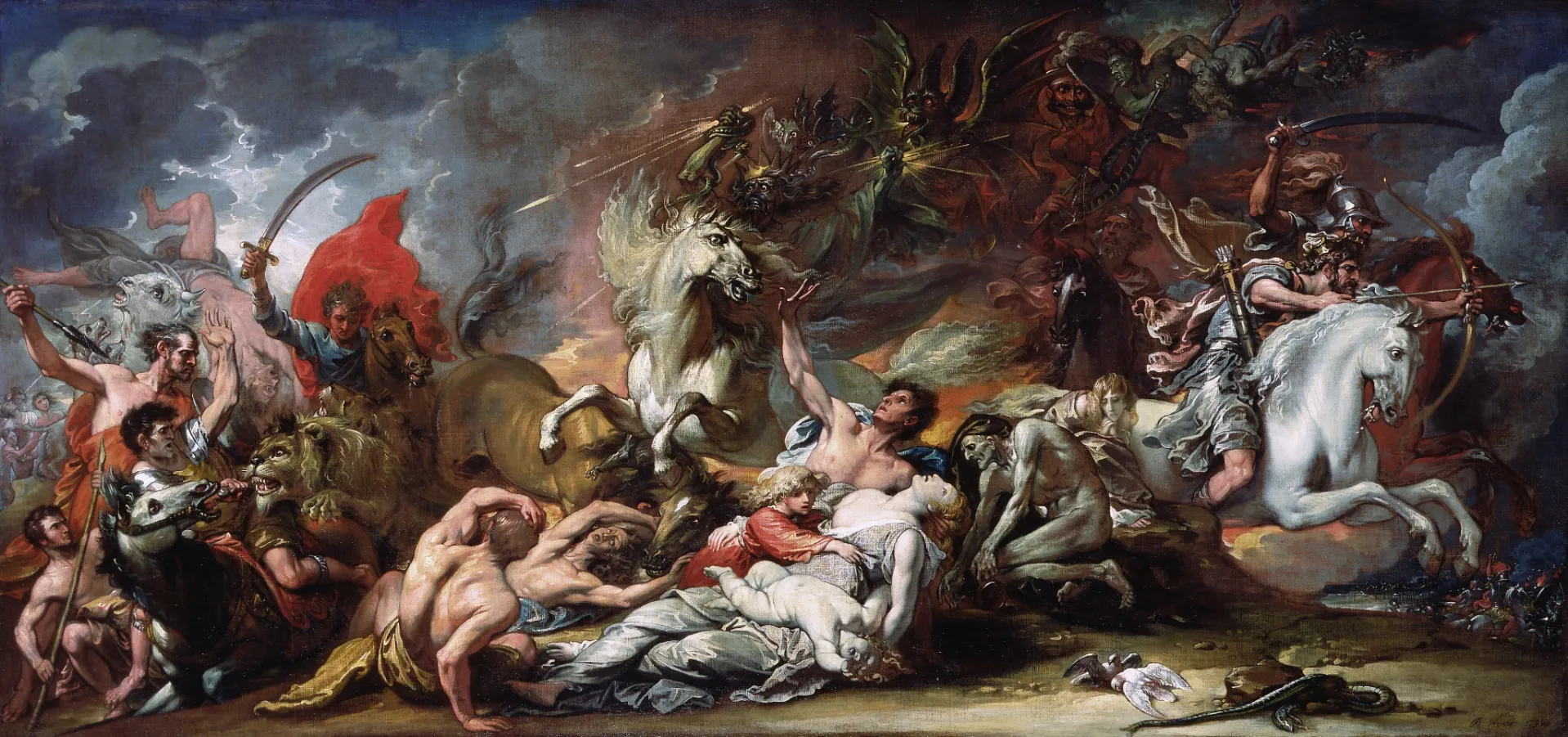 A painting shows the figure of Death attacking humans during the end of days in a violent scene.