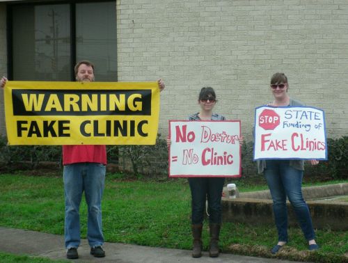 A protest outside a fake abortion clinic