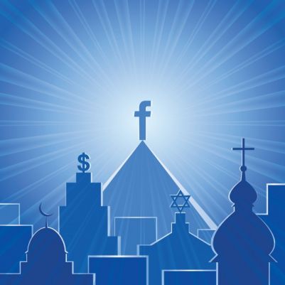 Facebook icon towering over other major religions.