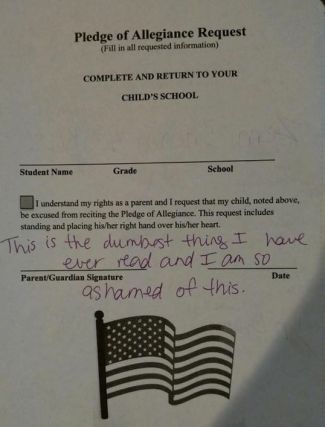 A waiver form for the Pledge of Allegiance sent out by a Florida school district.