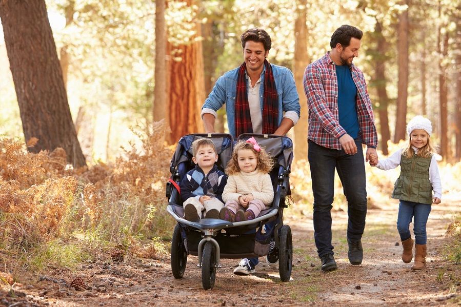 Gay couple walking with kids