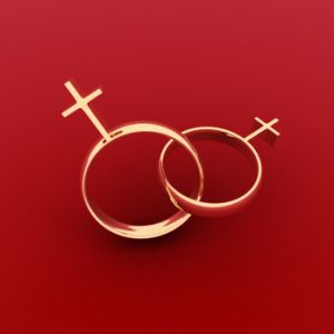 wedding rings, female symbol, red background, religious freedom