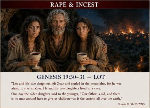 An illustration of Lot and his daughters above text of the Genesis verse describing their story.