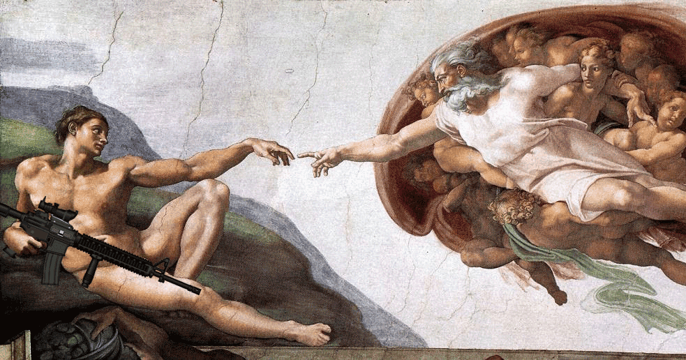 The creation of Adam, holding a gun