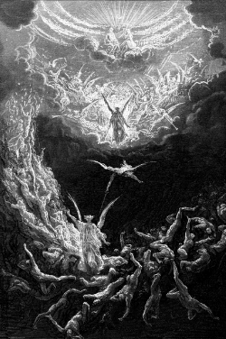 Biblical engraving by Gustave Dore depicting the Last Judgment, with souls facing divine judgment.