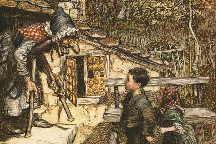 painting of hansel and gretel approaching witch