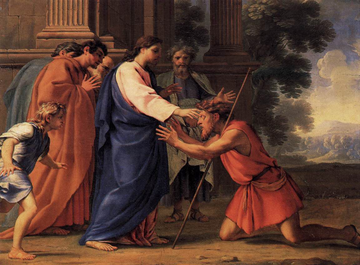 Jesus restoring sight to blind man in miracle