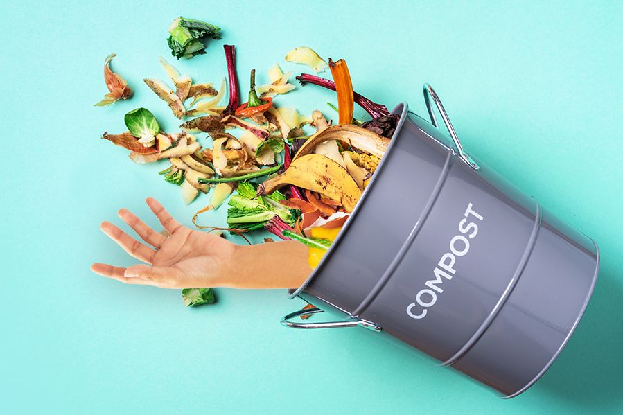 compost bin with human arm sticking out