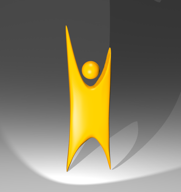 Golden Happy Human symbol with a stylized person raising their arms against grey background