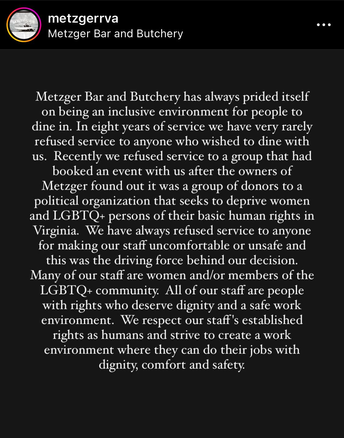 picture of the restaurant's instagram statement