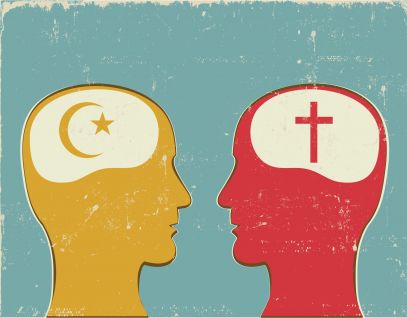 Brains with Christian and Islamic symbols