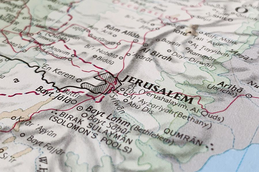 close up angled view of city of jerusalem on paper map