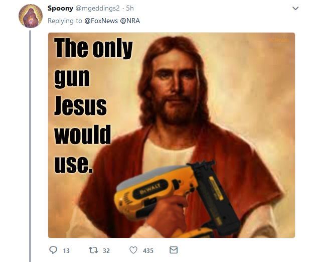 Jesus holding a nailgun. 