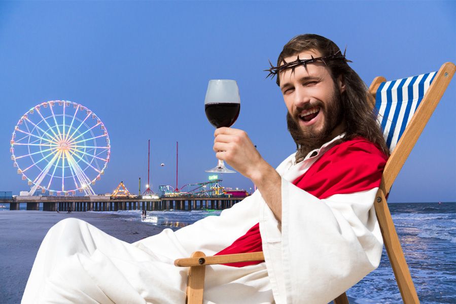 Jesus Christ on the beach at the Jersey shore raising a glass of wine