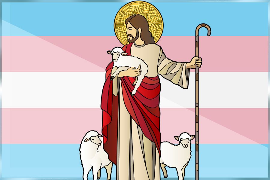 stained glass depiction of jesus christ and transgender flag